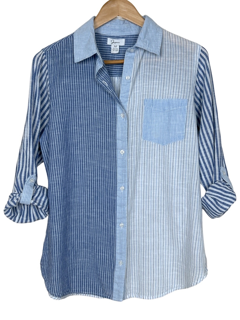 Japna 100% Cotton Mixed Stripe Button Down Shirt - M - Blue, White